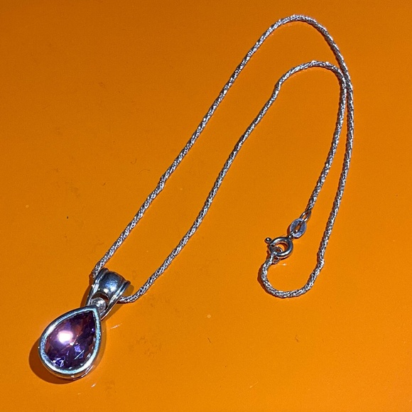 Large 1” Amethyst Teardrop Pendant Sterling Silver Necklace 16" Rope Chain - Picture 7 of 15